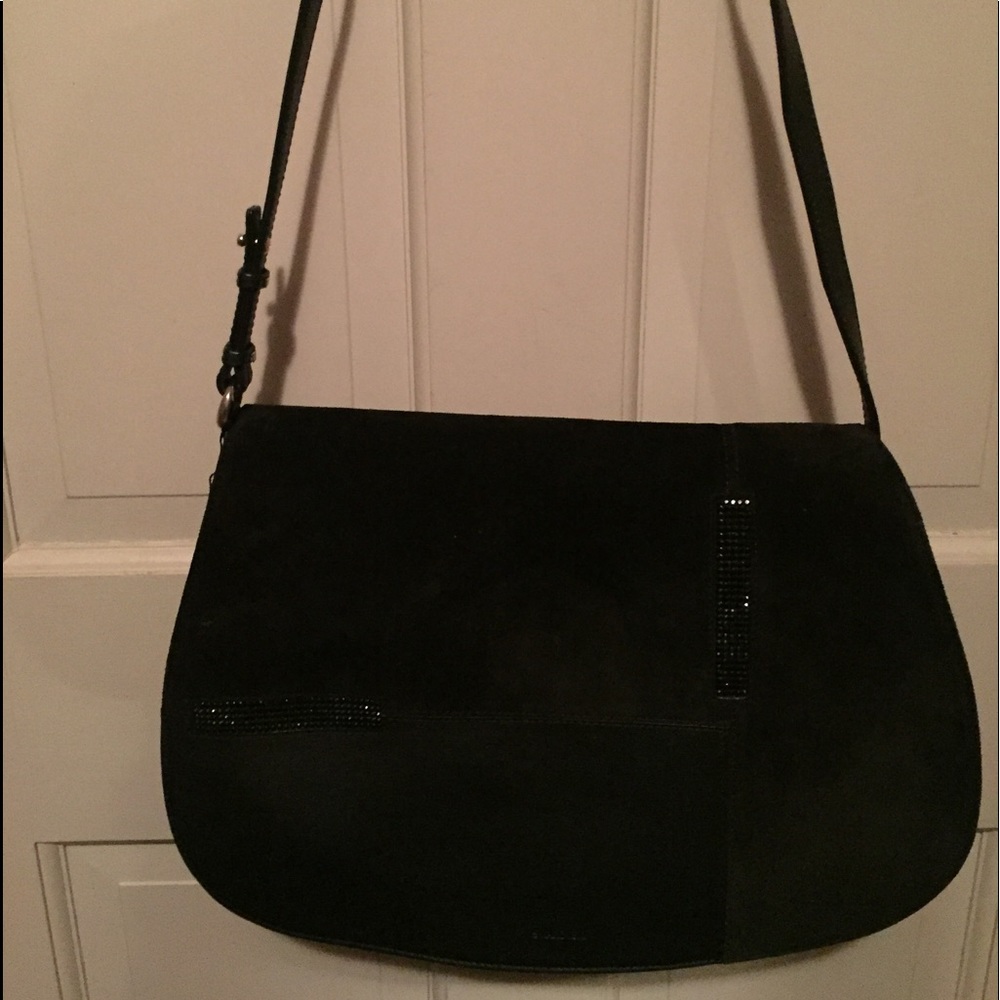 Swarovski leather and suede shoulder strap handbag
